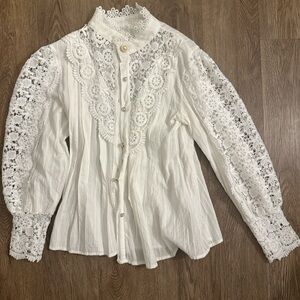 Chic White Lace Blouse with Button Detail
